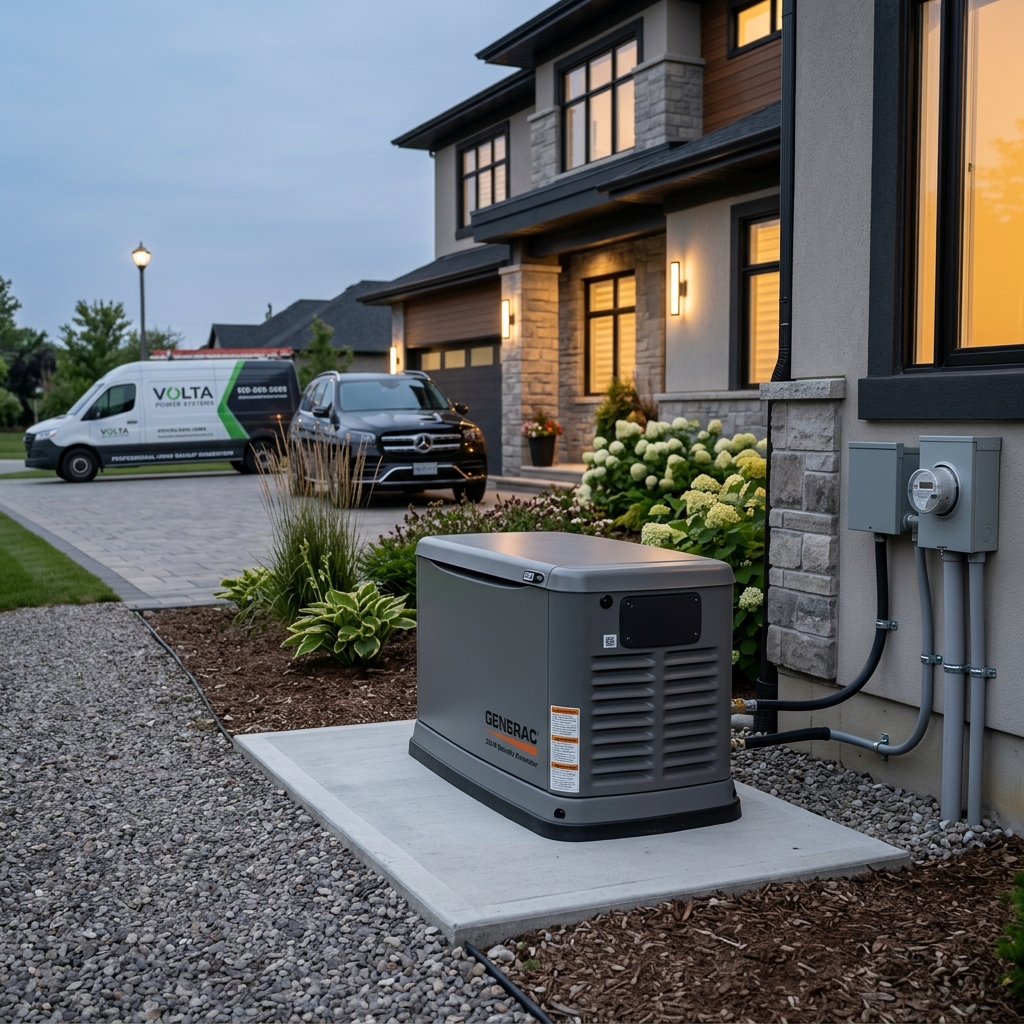 Neatly installed standby generator on a concrete pad